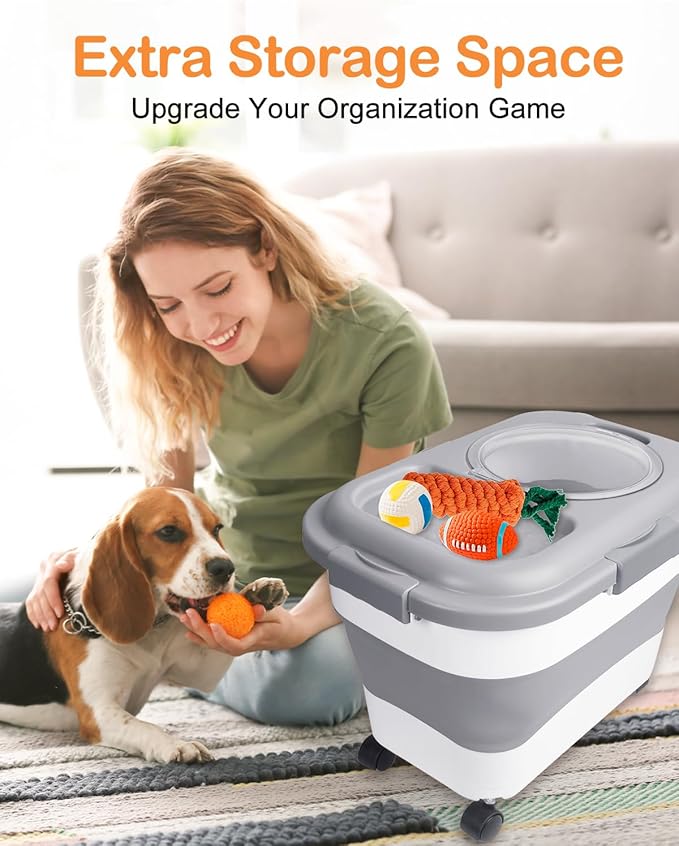 15-23 Lbs Dog Food Storage Container, Collapsible Dog Food Container with Airtight Lid, Wheels, Handle, Large Cat Food Storage Container with Scoop, Dog Bowl for Dog Cat