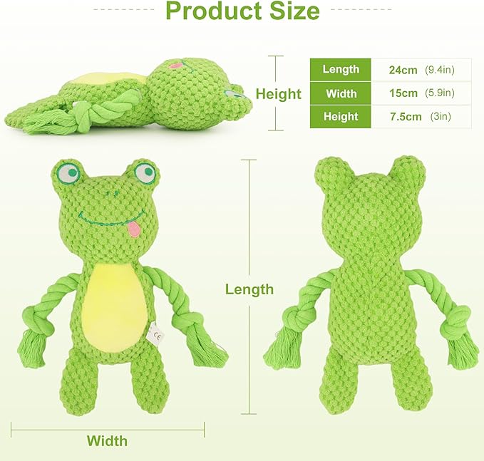 Dog Toys, Dog Squeaker Toys with Crinkle Paper, Stuffed Animal Dog Plush Chewing Toy, Cotton Rope Interactive Toys for Puppy, Small, Middle Dogs (Green Frog)