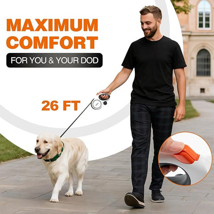 PINA Upgraded Retractable Dog Leash, 26 ft Dog Leash for Small Medium Large Dogs Up to 110lbs, Heavy Duty Reflective Nylon Tape 360° Tangle-Free, with Anti-Slip Handle, One-Handed Brake, Pause, Lock