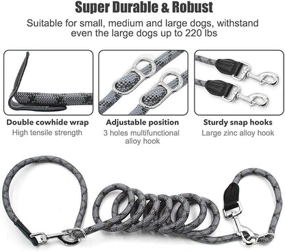 Hands Free Dog Leash(8.5ft), 8 in 1 Multifunction Nylon Double Leash for Dogs,1.2cm Adjustable Waist with Reflective Stitching for Training -Grey