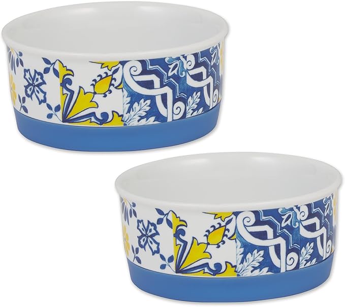 Bone Dry Ceramic Food & Water Bowls for Pets Non-Slip for Secure, Less Messy Feeding, Microwave & Dishwasher Safe, Small Set, 4.25x2, Azulejos Tile, 2 Count