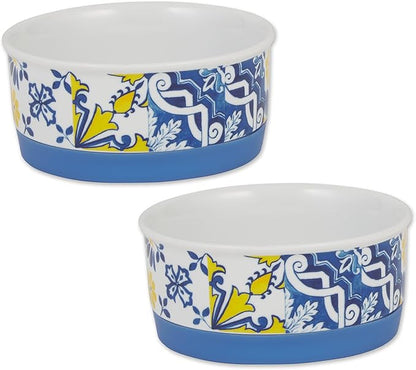 Bone Dry Ceramic Food & Water Bowls for Pets Non-Slip for Secure, Less Messy Feeding, Microwave & Dishwasher Safe, Small Set, 4.25x2, Azulejos Tile, 2 Count