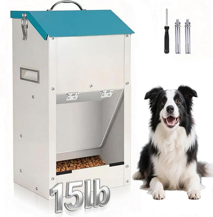 Automatic Dog Feeder Large Breed Outdoor & Indoor Galvanized Dog Food Dispenser 15lbs Wall Mountable Gravity Pet Food Station Auto Feeder Self Feeding with Clear Door for Puppy, Dog, Cat