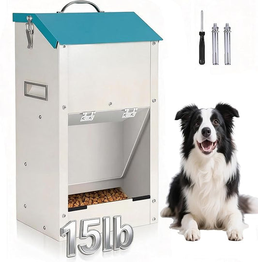 Automatic Dog Feeder Large Breed Outdoor & Indoor Galvanized Dog Food Dispenser 15lbs Wall Mountable Gravity Pet Food Station Auto Feeder Self Feeding with Clear Door for Puppy, Dog, Cat