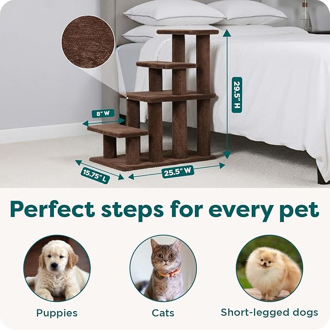 Furhaven Steady Paws Multi-Step Pet Stairs for High Beds & Sofas - Brown, 4-Step