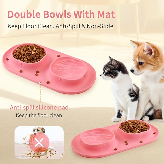 Small Size Puppy Dog Bowls: Food and Water Bowls Set for Small Dogs, No-Spill Non-Skid Dog Dish, Pink