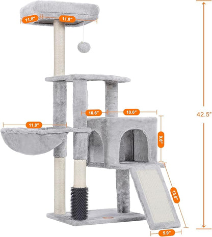 Heybly Cat Tree with Cat Self Groomer Brush, Cat Tower Condo for Indoor Cats with Padded Plush Perch, Cat House with Basket Scratching Board Post, Light Gray HCT005SW