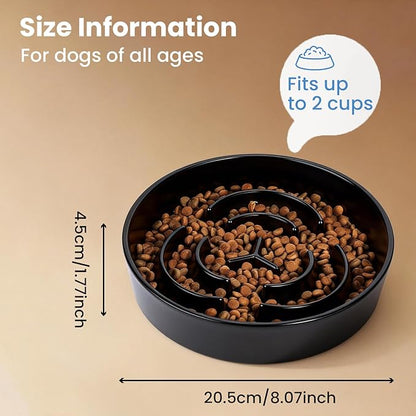 Ceramic Slow Feeder Dog Bowls,2.0 Cups Slow Feeder for Medium Large Breed,Puzzle Dog Food Bowl to Slow Down Eating, Anti-Gulping, Stop Bloat,Preventing Choking,8in,Black