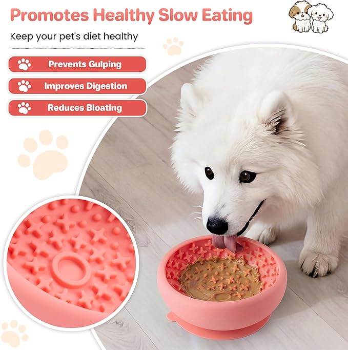 Dog Lick Bowl Slow Feeder with Slanted Anti-Spill Design, Extra-Thick Bite-Resistant Rim, Strong Suction Base, Freezer Safe for Frozen Treats — A Cleaner Alternative to Lick Mats for Dogs (Coral)