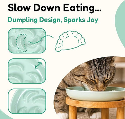Slow Feeder Bowl, 6.3″ Elevated Cat Bowl with Stand, Melamine Wide Shallow Food Bowl, Whisker-Friendly Raised Plate, Wet Food Feeder for Slow Eating (Green)