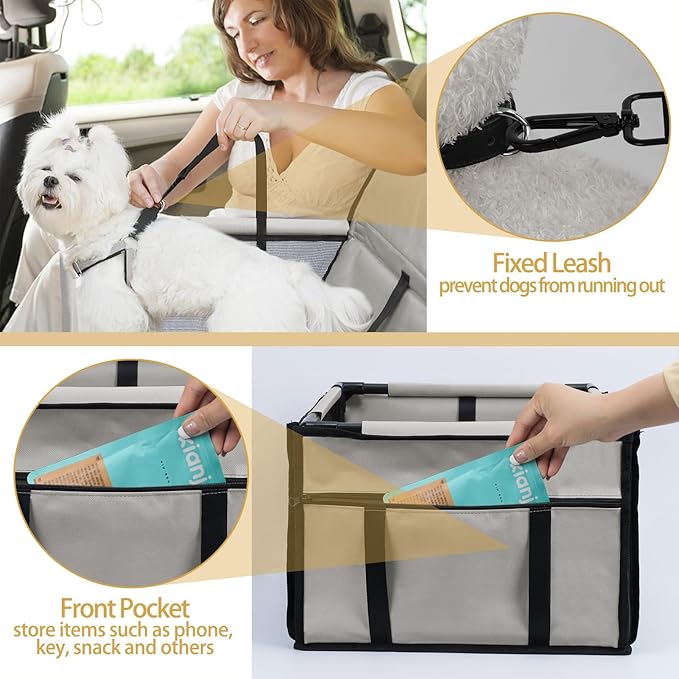 PetsHome Dog Car Seat Foldable Dog Car Booster Seat Waterproof Breathable Oxford Travel Bag for Small to Medium Dogs, Puppies, and Pets-Pure Grey-Upgrade