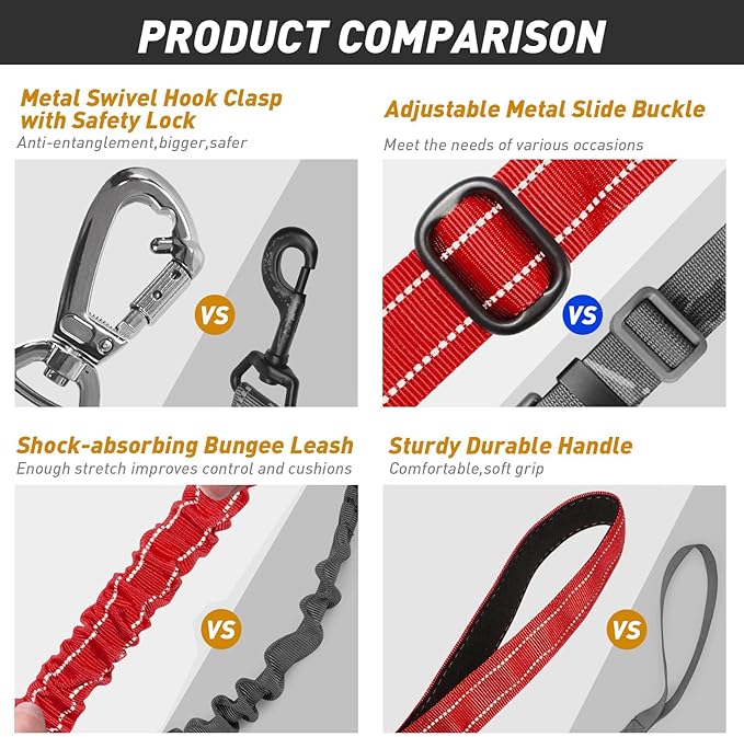 AUBELL Tactical Dog Leash Heavy Duty,4-6ft Reflective Strong No Pull Bungee Leash for Medium Large Dogs with Comfortable Padded Double Handle,Car Seat Belt,360 Degree Rotating Carabiner,Red