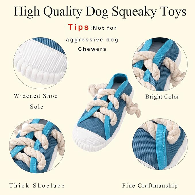 Interactive Squeaky Dog Toy with Jingle Bell - Shoe-Shaped Chew Toy for Puppy Teething, Thickened Laces for Small and Medium Breeds Tug-of-War, Not for Aggressive Chewers (Blue)