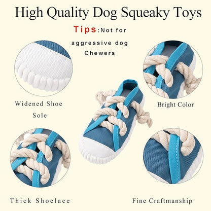 Interactive Squeaky Dog Toy with Jingle Bell - Shoe-Shaped Chew Toy for Puppy Teething, Thickened Laces for Small and Medium Breeds Tug-of-War, Not for Aggressive Chewers (Blue)