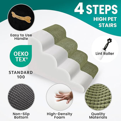 Dog Stairs for Small Dogs, 20.5 in H 4 Step Curved Dog Ramp for High Bed and Couch, Foam Dog Ramp with Durable Non-Slip Waterproof Fabric Cover, Pet Stairs for Pets Joints, Green