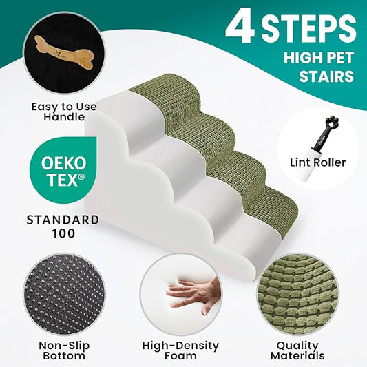 Dog Stairs for Small Dogs, 20.5 in H 4 Step Curved Dog Ramp for High Bed and Couch, Foam Dog Ramp with Durable Non-Slip Waterproof Fabric Cover, Pet Stairs for Pets Joints, Green