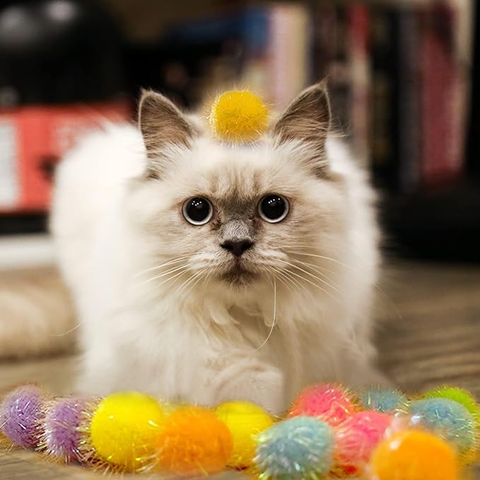 30 Pieces Sparkle Pom Pom Balls with Cat Toy Launcher - Asorted Colors Interactive Glitter Ball for Indoor Play 1.2 Inches Pompoms Thrower Best as Kitten Toys for Excercise and Entertainment.