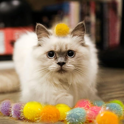 30 Pieces Sparkle Pom Pom Balls with Cat Toy Launcher - Asorted Colors Interactive Glitter Ball for Indoor Play 1.2 Inches Pompoms Thrower Best as Kitten Toys for Excercise and Entertainment.