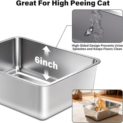 Stainless Steel Litter Box for Cats, Metal Cat Litter Box Non-Stick and Easy to Clean, High Sided Litter Pan for Kitten, Rabbit, and Small Pets
