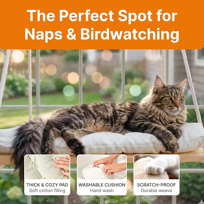 Large Cat Window Perch with Industrial-Grade Suction Cups – Solid Pine Wood Hammock Bed, Soft Cushion - 42 lb Capacity for Heavy Cats Inside