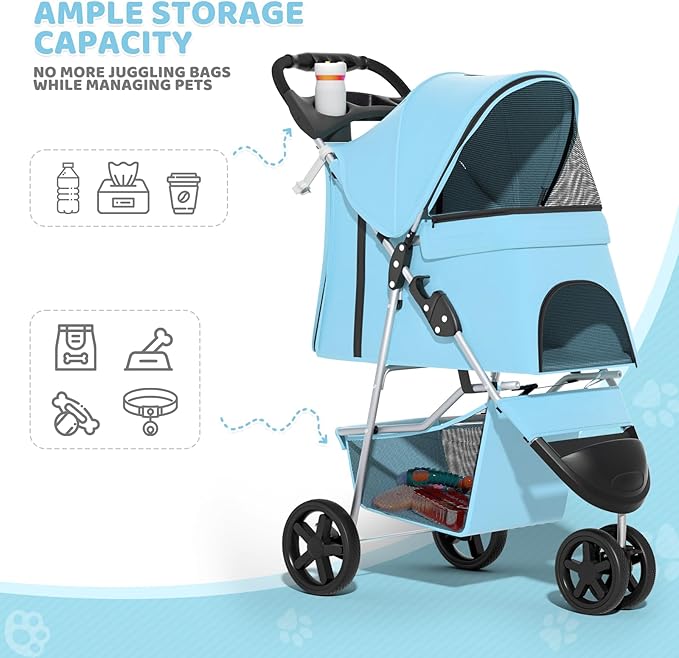 Magshion 3-Wheel Pet Stroller, Foldable Travel Jogger for Small & Medium Dogs & Cats (Up to 33lbs), Lightweight Carrier with Breathable Mesh Cover, Cup Holder & Storage Basket, Mint Green