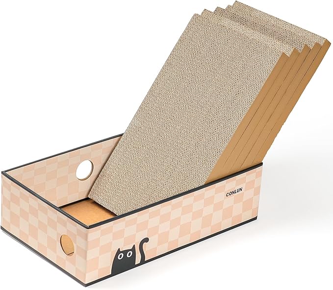 Cat Scratcher Box with Heavy-Duty Double-Sided Cardboard Pad, Cardboard Lounger, Interactive Hole Design, Cat Bed for Indoor Cats, Checkered,Large - 5 Pack