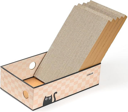 Cat Scratcher Box with Heavy-Duty Double-Sided Cardboard Pad, Cardboard Lounger, Interactive Hole Design, Cat Bed for Indoor Cats, Checkered,Large - 5 Pack