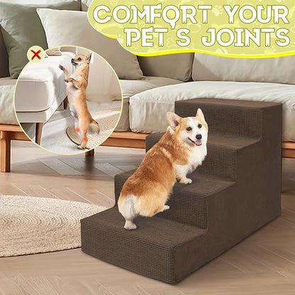 Niubya Dog Stairs for Small Dogs and Cats,18'H Non-Slip Bottom Pet Steps for High Beds and Couch,High-Density Foam Pet Stairs Brown,4 Steps