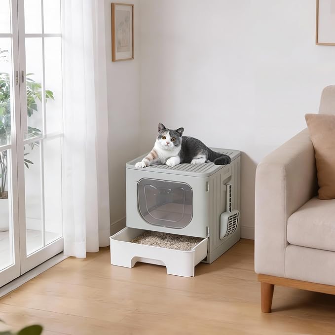 OLIXIS Cat Litter Box with Lid, Large Foldable Cat Box with Litter Scoop, Front Entry Top Exit Kitty Litter Box with Door, Easy Cleaning Drawer Design Odor Control, Grey