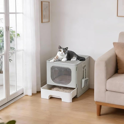 OLIXIS Cat Litter Box with Lid, Large Foldable Cat Box with Litter Scoop, Front Entry Top Exit Kitty Litter Box with Door, Easy Cleaning Drawer Design Odor Control, Grey