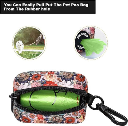 Petmolico Dog Poop Bag Holder Leash Attachment, Waste Bag Dispenser Zippered Pouch - 2 Pack, Fits Any Leash, Includes Free Roll of Bags, Boho Floral