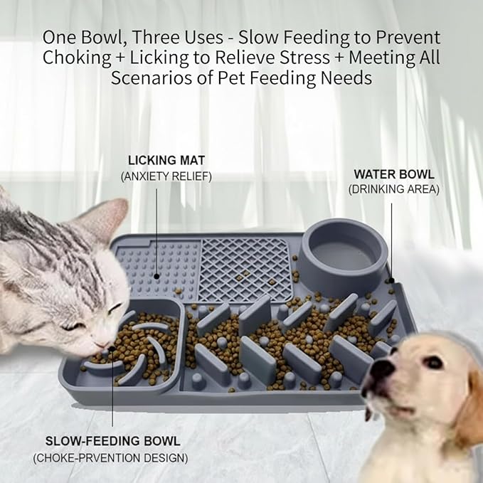 Interactive Silicone Lick Mat for Cats and Dogs – Slow Feeding Pad with Water Bowl, Non-Spill Suction Cup Bowl, Gray (Gray)