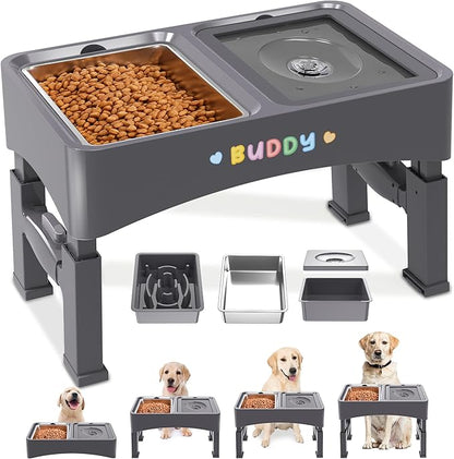 Decflow 3-in-1 Elevated Dog Bowls, 4 Height Adjustable Raised Dog Bowls with Stainless Steel Dog Food Bowls, Slow Feeder, No Spill Water Bowl, DIY Stickers Foldable Pet Bowl for Medium Large Dogs