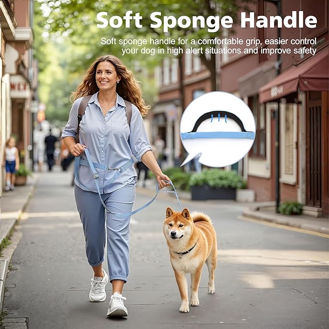Hands Free Dog Leash, 8.5ft Adjustable Hands Free Leash for Medium Dogs, Versatile Handheld Crossbody Waist Lead with 3 Rings, Easy Adjust for Running Jogging Walking, Sponge Handle, Blue