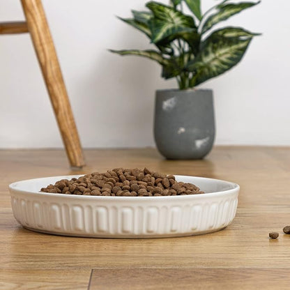 Fun Elements Shallow Dog Bowls, 8" Ceramic Dog Food Plate for Small and Medium Breeds, Non-Slip, Flat and Wide, Dishwasher Safe, Suitable for Puppies and Kittens (White)