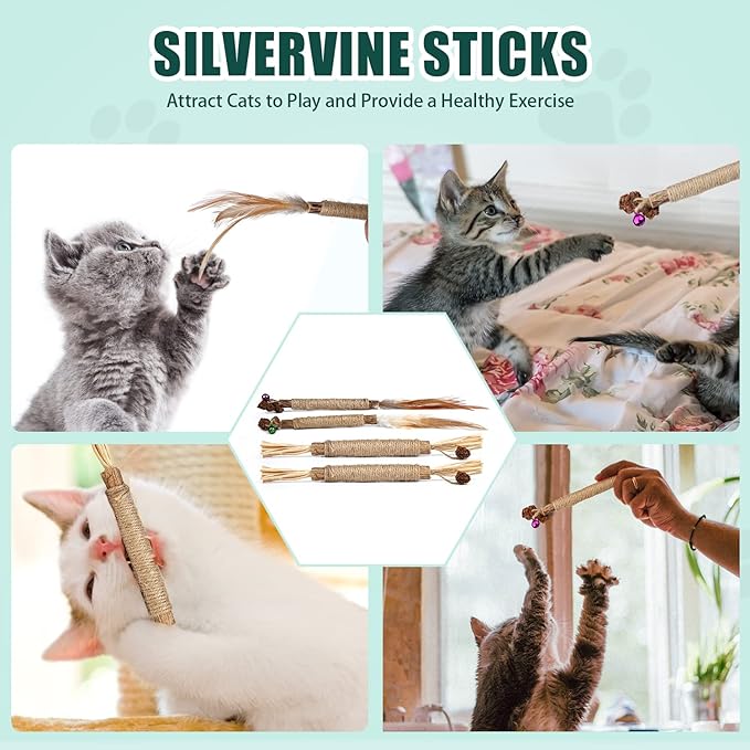 4pcs Kitten Chew Toys Teething, 2 Types Catnip Chew Toys for Cats Natural Silvervine Blend Sticks for Dental Care Treat with Raffia Feather Cat Teeth Cleaning Toy Indoor