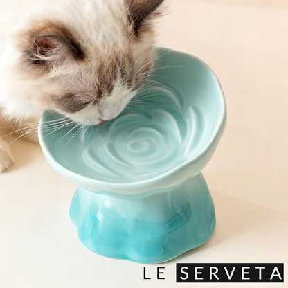 Elevated Ceramic Cat Bowl, Tilted Slow Feeder Pet Dish with Gradient Color Coating, 3.3 Ounces Capacity, Anti-Gulping Design with Rose Bouquet Design (Gradient Green)