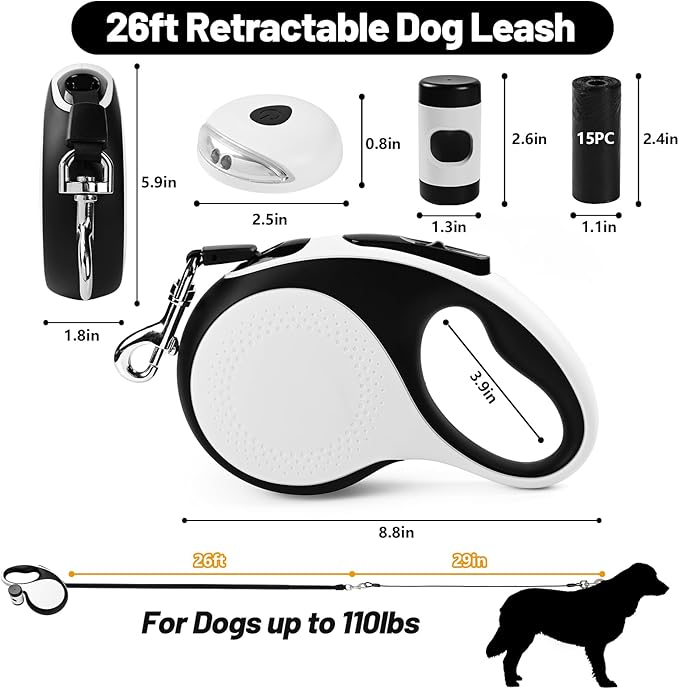 26ft Heavy Duty Retractable Dog Leash for Large Dogs, Dog Leash with Poop Bag Holder, Up to 100lbs, With LED Light, Chew Proof Cable, One-Handed Pause & Lock, 360° No Tangle. (White+, 26Ft)