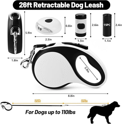 26ft Heavy Duty Retractable Dog Leash for Large Dogs, Dog Leash with Poop Bag Holder, Up to 100lbs, With LED Light, Chew Proof Cable, One-Handed Pause & Lock, 360° No Tangle. (White+, 26Ft)