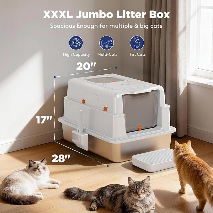 FURTIME XXXL Extra Large Stainless Steel Litter Box with Lid, Large Enclosed Cat Litter Box for Big Cats, Metal Cat Box with High Sided Enclosure & Scoop, Silver