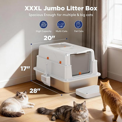 FURTIME XXXL Extra Large Stainless Steel Litter Box with Lid, Large Enclosed Cat Litter Box for Big Cats, Metal Cat Box with High Sided Enclosure & Scoop, Silver
