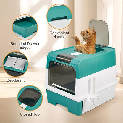 Cat Litter Box with Litter Mat, 18"x14"x13" Large Litter Box for Big Cats, Enclosed Removable Litter Boxs, Front Entry Top Exit Kitty Box, Odor Control, Easy to Clean (Green)