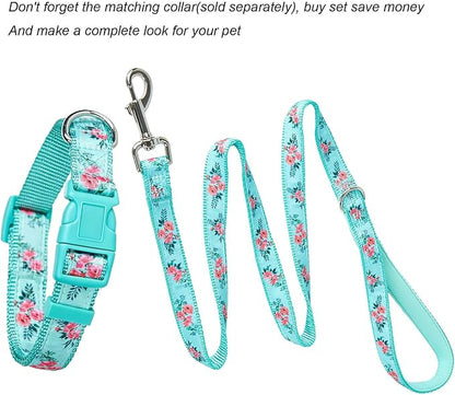 Dog Leash Flower Pattern, 4 Feet Length, Durable Nylon with Ribbon for Small, Medium and Large Dogs.(Medium, Green Floral Leash)