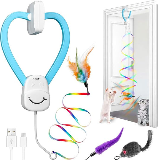 Interactive Cat Toys for Indoor Cats, Automatic Electric Door Hanging Toy with 3 Interchangeable Accessories (Feather, Mouse, Womm toy), Motion Activated USB Rechargeable Enrichment for Bored Cats