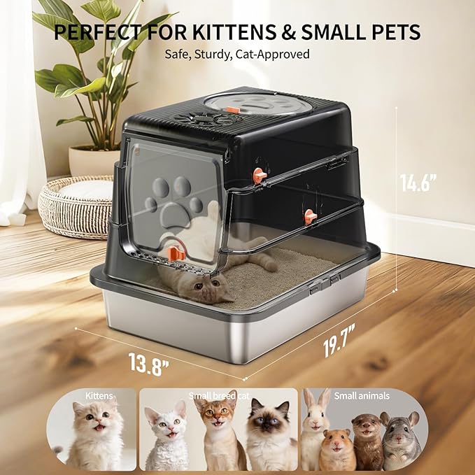 Stainless Steel Cat Litter Box with Lid, Enclosed Metal Litter Pan, Full Flip Cover Litter Box for Kittens & Small Animals, Include Scoop & Step, Leak Proof Easy Clean Odor Control-Black