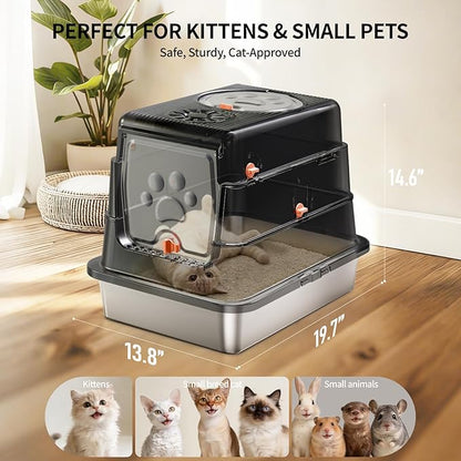 Stainless Steel Cat Litter Box with Lid, Enclosed Metal Litter Pan, Full Flip Cover Litter Box for Kittens & Small Animals, Include Scoop & Step, Leak Proof Easy Clean Odor Control-Black