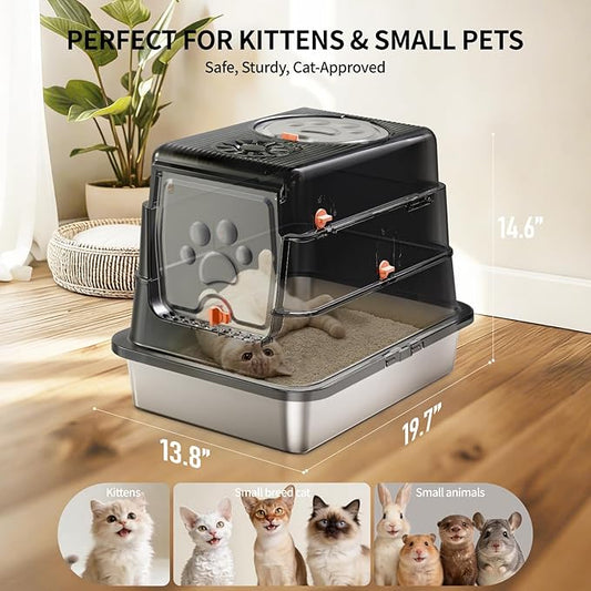 Stainless Steel Cat Litter Box with Lid, Enclosed Metal Litter Pan, Full Flip Cover Litter Box for Kittens & Small Animals, Include Scoop & Step, Leak Proof Easy Clean Odor Control-Black
