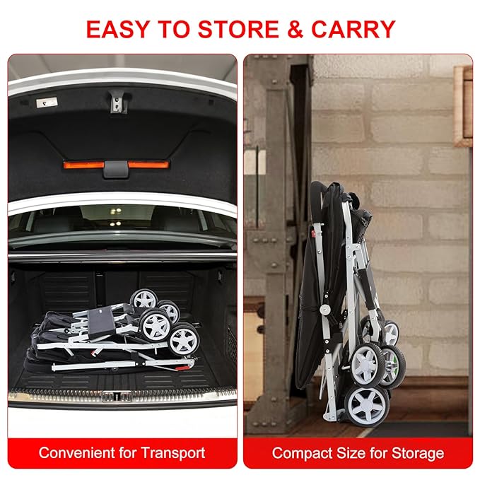 Double Pet Stroller for 2 Small Dogs & Cats, Side-by-Side Twin Travel Carriage with Safety Leashes, Mesh Windows & Double Storage Baskets, Lightweight & Foldable, 44lbs Capacity, Black