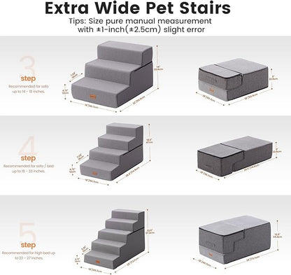 Gardner Pet Dog Stairs for Small Dogs 14" H, 3-Step Extra Wide Dog Steps for Bed, Pet Stairs for Bed and Couch with Durable Non-Slip Waterproof Fabric Cover and Soft Foam, Grey