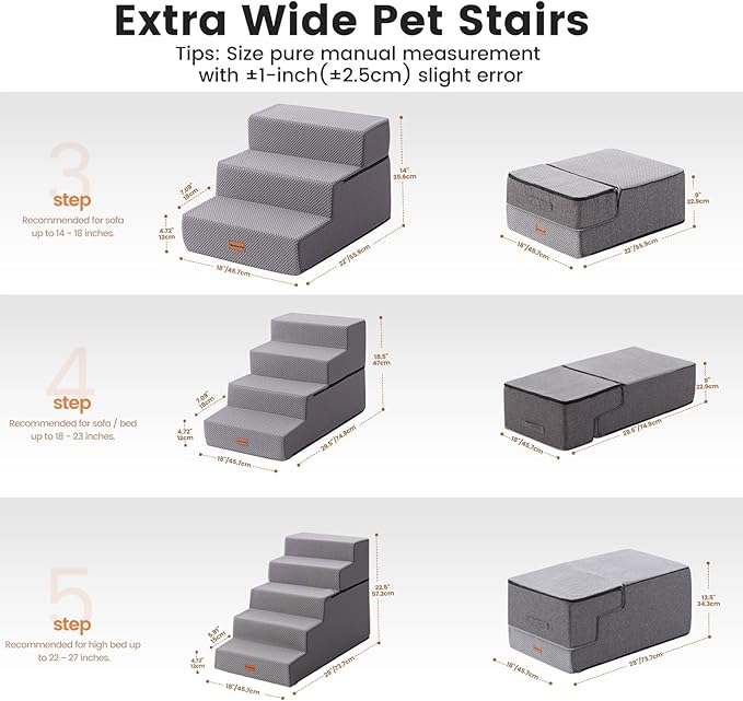 Gardner Pet Dog Stairs for Small Dogs 18.5" H, 4-Step Extra Wide Dog Steps for Bed, Pet Stairs for Bed and Couch with Durable Non-Slip Waterproof Fabric Cover and Soft Foam, Grey